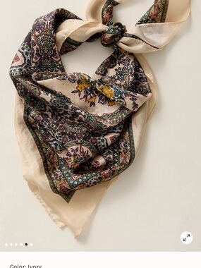 100% SILK Free People Ivory Floral Paisley Square Scarf with Green